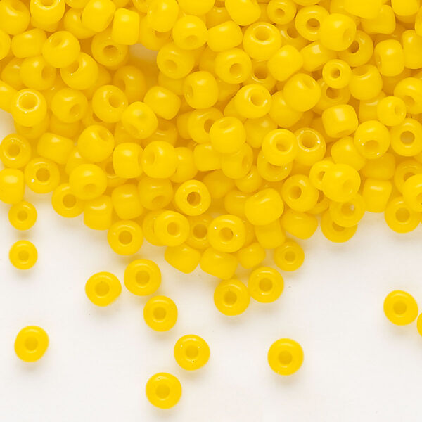 Seed bead, Dyna-Mites™, glass, opaque dark yellow, #6 round. Sold per 40-gram pkg. image number 0