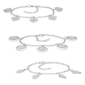 Bracelet, glitter paper / imitation rhodium-coated plastic / imitation rhodium-plated steel, silver, 17x15mm heart / 20mm round / 22x11mm twisted marquise, 7-1/2 inches with 2-inch extender chain and lobster claw clasp. Sold per pkg of 3.