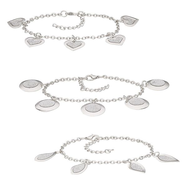 Bracelet, glitter paper / imitation rhodium-coated plastic / imitation rhodium-plated steel, silver, 17x15mm heart / 20mm round / 22x11mm twisted marquise, 7-1/2 inches with 2-inch extender chain and lobster claw clasp. Sold per pkg of 3. image number 0