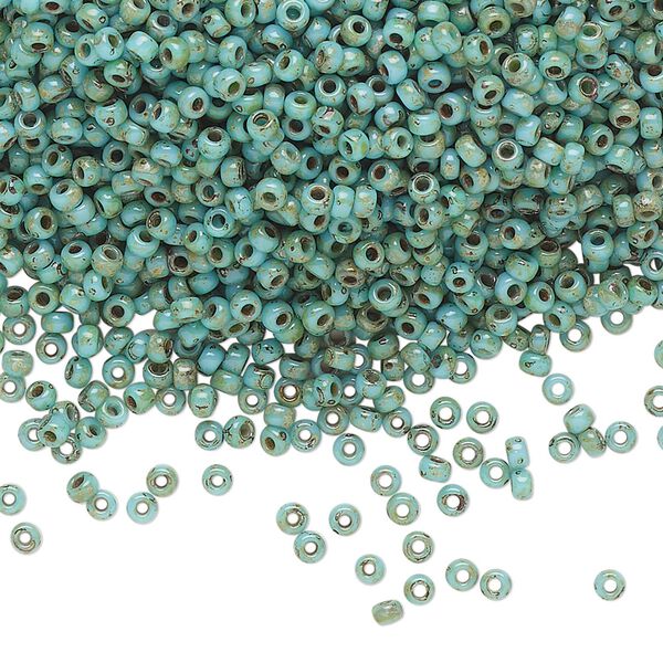Seed bead, Miyuki, glass, pkg/250g, #11 rocaille, opaque Picasso turquoise blue, (RR-4514). image number 0