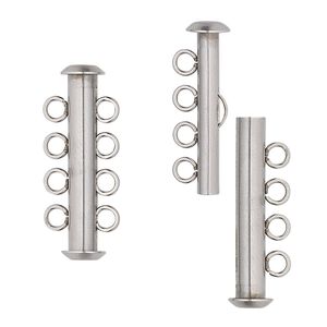 Clasp slide lock 1pkg4, 26x6mm tube, stainless steel 4-strand
