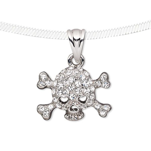 Pendant, Preciosa Czech glass rhinestone and silver-plated pewter (tin-based alloy), clear, 22x16mm skull with crossbones. Sold individually. image number 0