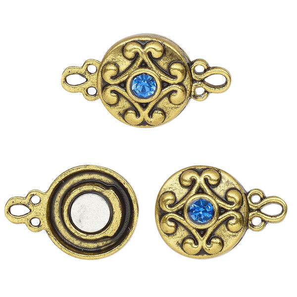 Clasp, magnetic, gold-finished "pewter" (zinc-based alloy) and glass, blue, 12mm double-sided round. Sold per pkg of 2. image number 0