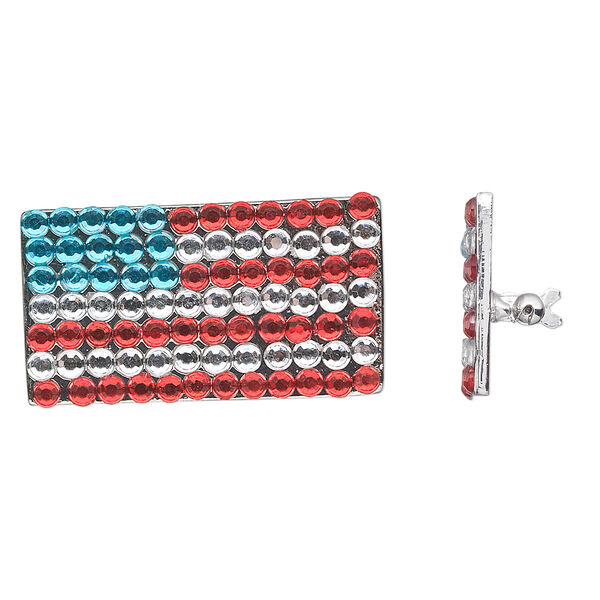 Brooch, plastic rhinestone and rhodium-finished "pewter" (zinc-based alloy), red / white / blue, 39x22mm USA flag. Sold individually. image number 0