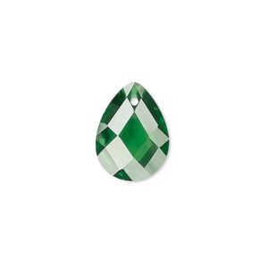 Drop, cubic zirconia, emerald green, 16x12mm hand-faceted teardrop, Mohs hardness 8-1/2. Sold per pkg of 2.
