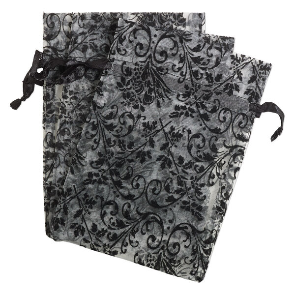 Pouch, satin and flocked organza, grey and black, 7x5-inch rectangle with damask design and drawstring. Sold per pkg of 3. image number 0
