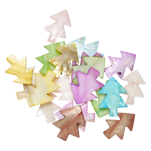 Focal mix, mother-of-pearl shell (dyed), mixed colors, 34x23mm-38x30mm tree, Mohs hardness 3-1/2. Sold per pkg of 20. image number 0