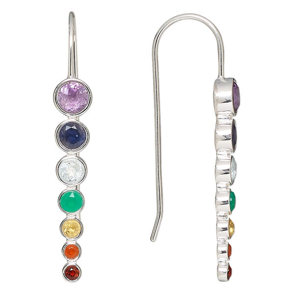 Earring, multi-gemstone (natural / dyed / heated / irradiated) and sterling silver, multicolored, 39mm with fishhook ear wire, 19 gauge. Sold per pair. image number 0