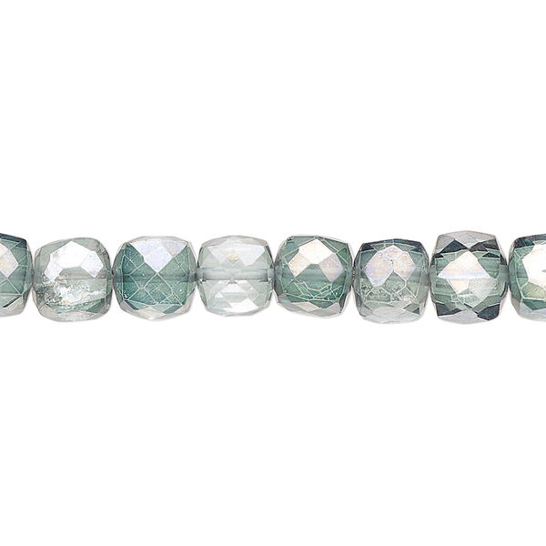 Bead, quartz crystal (coated), green, 6x5mm-8mm hand-cut faceted cube, B grade, Mohs hardness 7. Sold per 7-inch strand, approximately 30 beads. image number 0