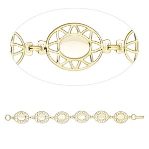 Bracelet component, gold-plated brass, 20x17mm fancy oval with (6) 10x8mm oval settings, 7 inches with fold-over clasp. Sold individually.