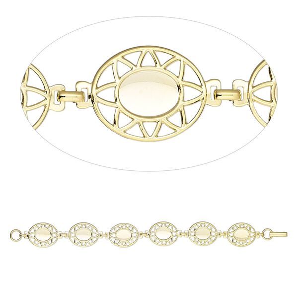 Bracelet component, gold-plated brass, 20x17mm fancy oval with (6) 10x8mm oval settings, 7 inches with fold-over clasp. Sold individually. image number 0
