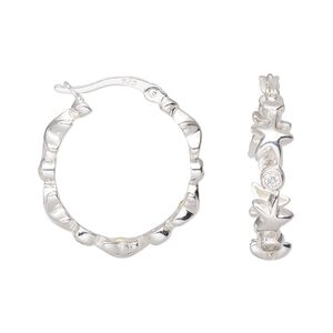 Earring, Create Compliments®, sterling silver and cubic zirconia, clear, 23mm round hoop with stars and hinged closure. Sold per pair.