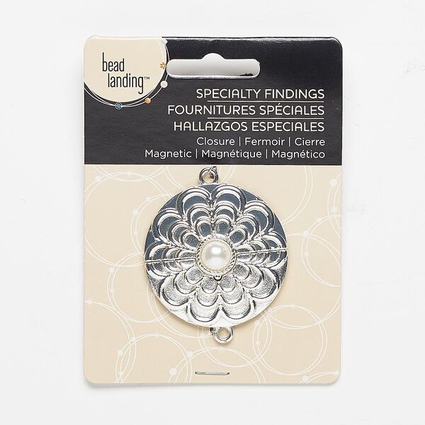 Clasp, magnetic, acrylic and silver-finished "pewter" (zinc-based alloy), white, 39mm round with flower design. Sold individually. image number 0