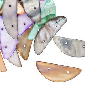 Bead mix, spacer, 2-strand, mother-of-pearl shell (dyed), mixed colors, 36x12mm-41x15mm half-moon, fits up to 15mm beads, Mohs hardness 3-1/2. Sold per 2-ounce pkg, approximately 25 beads.