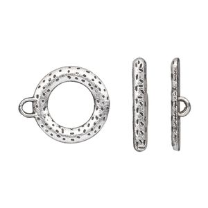 Clasp toggle 1pkg10 silver-plated "pewter" (zinc alloy), 16mm double-sided round, antique 1-strand