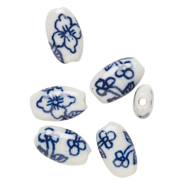 Bead, porcelain, blue and white, 16x9mm-17x10mm flat oval with flower design. Sold per pkg of 6. image number 0
