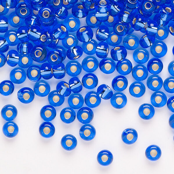Glass 1pkg1, square hole round seed bead translucent silver-lined royal blue #6 100g image number 0