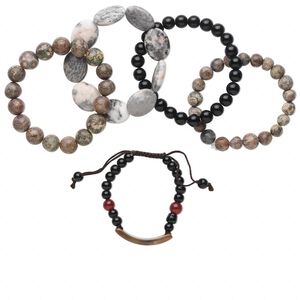 Multi-gemstone / glass / nylon 1pkg5, mixed shape bracelet 5.5-8 inch mix 8-16mm wide