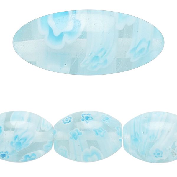 Bead, millefiori glass, clear / light blue / white, 17x12mm-19x13mm oval. Sold per 14-inch strand. image number 0