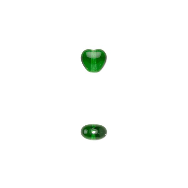 Bead, Czech pressed glass, emerald green, 6.5x6mm heart. Sold per 15-1/2" to 16" strand, approximately 65 beads. image number 0