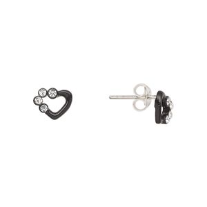 Earstud, Create Compliments®, sterling silver and crystal, black and clear, 8.5x6mm open heart. Sold per pair.