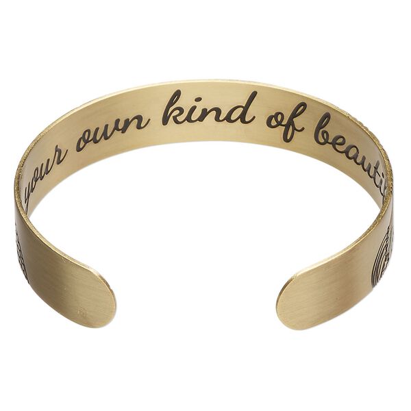 Bracelet cuff 1pkg1 antique gold-finished brass, black, 12mm wide with mermaid on outside / "Be your own kind of beautiful" on inside. image number 1