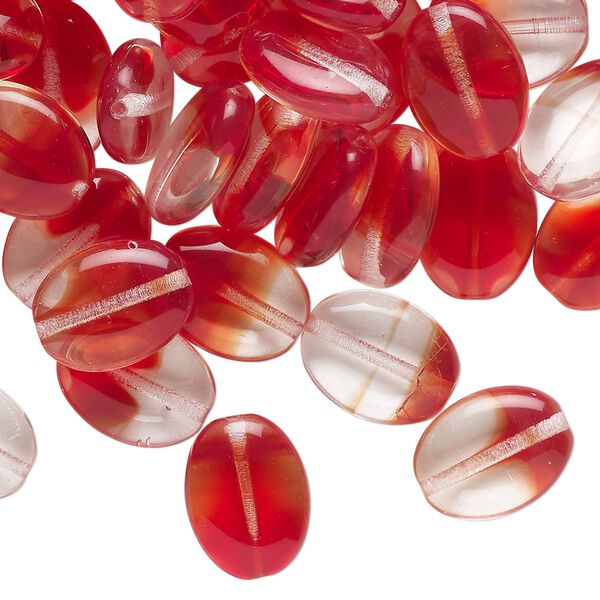 Bead, pressed glass, translucent red and clear, 12x9mm puffed oval. Sold per 2-ounce pkg, approximately 75 beads. image number 0