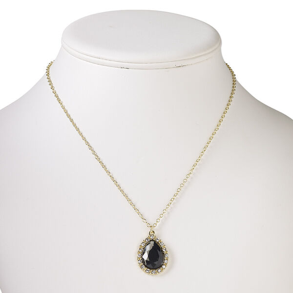Necklace, acrylic / glass rhinestone / gold-finished steel / "pewter" (zinc-based alloy), smoky grey and clear, 25x19mm teardrop, 18 inches with 2-inch extender chain and lobster claw clasp. Sold individually. image number 0