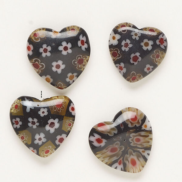 Bead, millefiori glass, black and translucent multicolored, 18-20mm half-drilled puffed heart. Sold per pkg of 4. image number 0