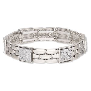 Bracelet, stretch, druzy (imitation) with silver-plated brass and "pewter" (zinc-based alloy), smoke, 13mm wide, 6-1/2 to 7 inches. Sold individually.