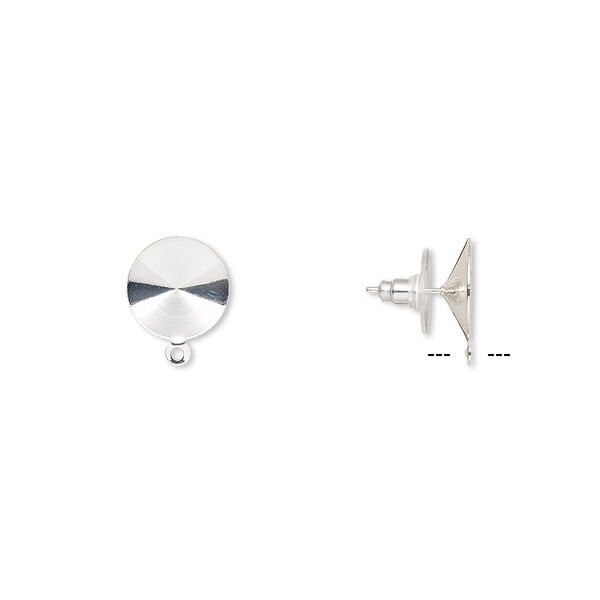 Earstud, Almost Instant Jewelry®, plastic with silver-finished brass and steel, 14.5mm round with closed loop and 14mm rivoli setting. Sold per pkg of 5 pairs. image number 0