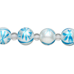 Bead, glass 1pkg8, opaque white and turquoise blue, 10mm hand-painted round.