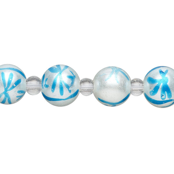 Bead, glass 1pkg8, opaque white and turquoise blue, 10mm hand-painted round. image number 0