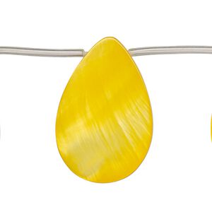 Bead, mother-of-pearl shell (dyed), yellow-orange, 30x6mm-30x10mm top-drilled flat teardrop, Mohs hardness 3-1/2. Sold per 14-inch strand, approximately 15 beads.