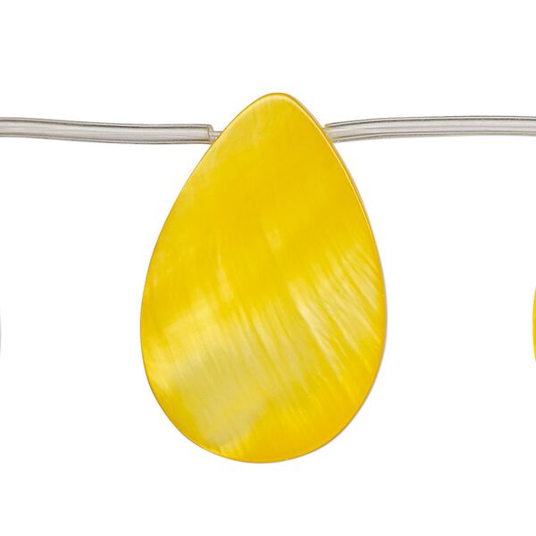 Bead, mother-of-pearl shell (dyed), yellow-orange, 30x6mm-30x10mm top-drilled flat teardrop, Mohs hardness 3-1/2. Sold per 14-inch strand, approximately 15 beads. image number 0
