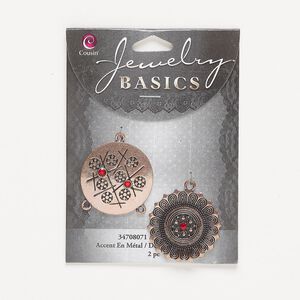 Focal, antique copper-finished "pewter" (zinc-based alloy) and glass, red, 29mm single-sided beaded round with lines design and 30mm single-sided flower with rose and swirl design and 3 loops. Sold per pkg of 2.
