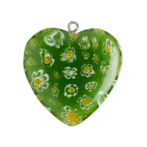 Focal 1pkg1, silver-finished steel / millefiori glass, translucent green / white / yellow, 29-31mm puffed heart.
