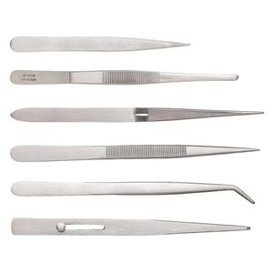 Tweezers, stainless steel, 4-1/2 to 6-7/8 inches. Sold per 6-piece set.