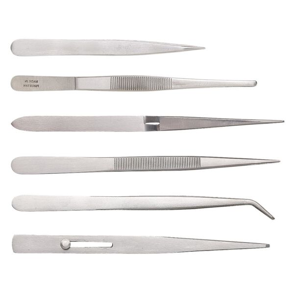 Tweezers, stainless steel, 4-1/2 to 6-7/8 inches. Sold per 6-piece set. image number 0