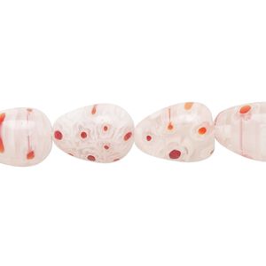 Bead, millefiori glass, translucent clear / white / dark red / orange, teardrop 14x10mm with flower design. Sold per 14-inch strand.