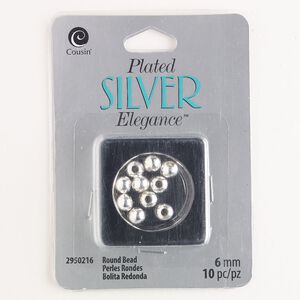 Bead, "pewter" (zinc-based alloy), pkg/10, 6mm round, silver finish.