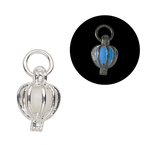 Drop, silver-finished "pewter" (zinc-based alloy) and polystyrene, white glow-in-the-dark, 20x14mm teardrop. Sold per pkg of 2. image number 0