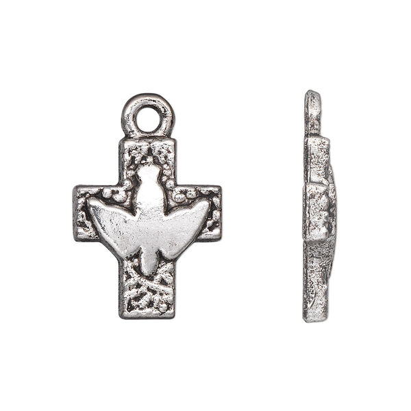Drop, antique silver-plated "pewter" (zinc-based alloy), 20x16mm single-sided cross with peace dove. Sold per pkg of 10. image number 0