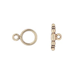 Clasp, toggle, pewter (tin-based alloy), pkg/1, antique gold plate, 10mm plain round.