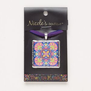 Necklace, ribbon / resin / antique silver-finished "pewter" (zinc-based alloy), multicolored, 35mm square with flower design and glitter, adjustable from 14 to 26 inches with slide knot closure. Sold individually.