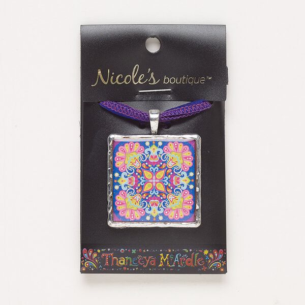 Necklace, ribbon / resin / antique silver-finished "pewter" (zinc-based alloy), multicolored, 35mm square with flower design and glitter, adjustable from 14 to 26 inches with slide knot closure. Sold individually. image number 0