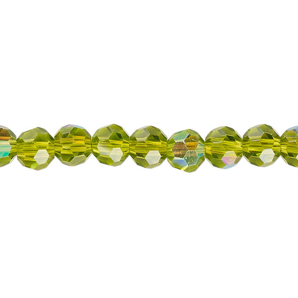Bead 1pk 32 facets translucent peridot green AB, Celestial Crystal® 6mm round 15.5-16 inch image number 0