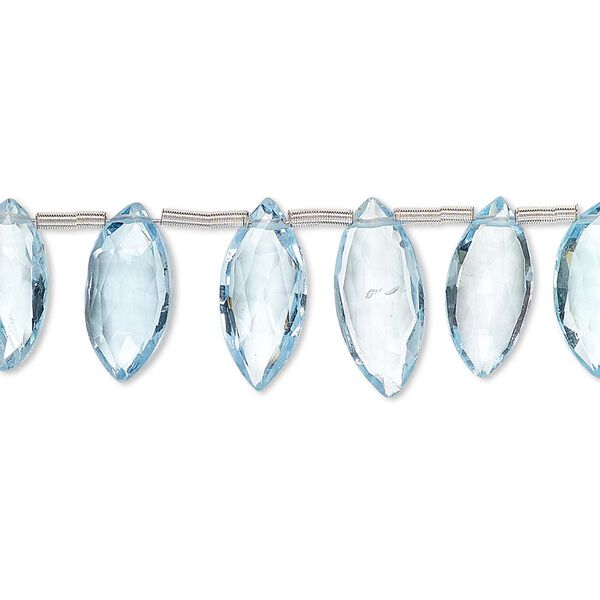 Bead, sky blue topaz (irradiated), 12x6mm-14x7mm graduated hand-cut top-drilled faceted flat marquise, B grade, Mohs hardness 8. Sold per pkg of 10 beads. image number 0