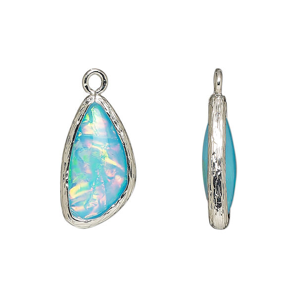 Drop, Opalized Ice™, "opal" (resin) and imitation rhodium-finished brass, opaque light blue, 19.5x11mm double-sided wing. Sold per pkg of 4. image number 0