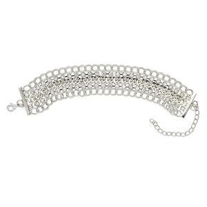 Bracelet, 5-strand, glass rhinestone / silver-finished brass / steel / "pewter" (zinc-based alloy), clear, 26mm wide, 7 inches with 2-1/2 inch extender chain and lobster claw clasp. Sold individually.